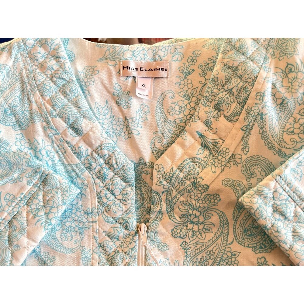 MISS ELAINE Sz XL Zip Front House Dress Robe Blue White Pockets Housecoat Lounge